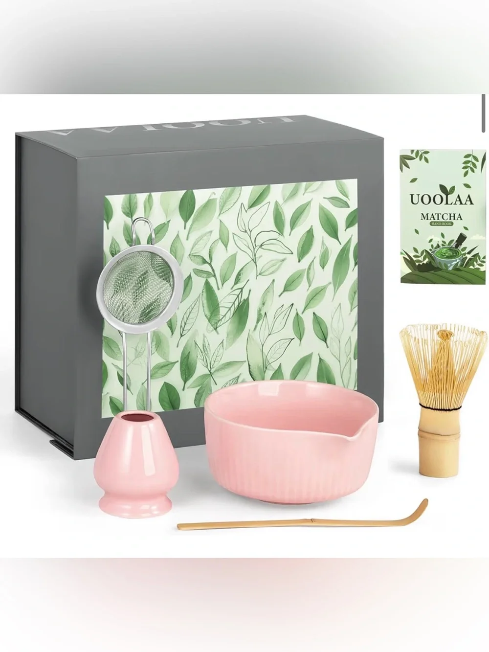 Matcha Tea Set Gift Box with Pink Ceramic Bowl and Whisk
